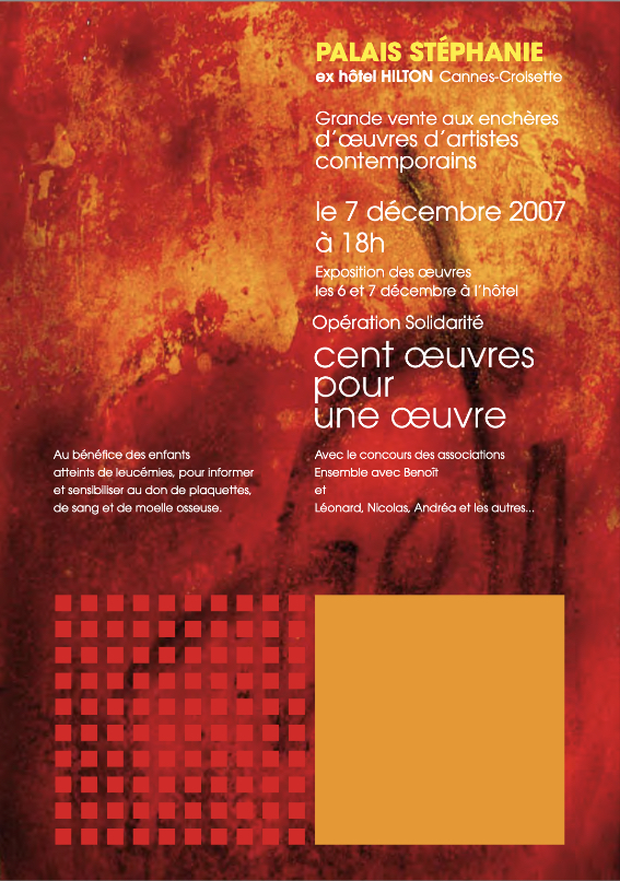 Affiche rouge et orange « Cent œuvres pour une œuvre » au Palais Stéphanie, avec grille de carrés rouges.
